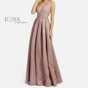 Leena for Mac Duggal Metallic Gown Size 4 Plunge Neck Pleated Pink Sparkle strap